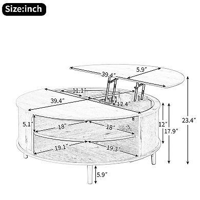 Minimalist Round Lift-Top Coffee Table with Hidden Storage and Sliding Door