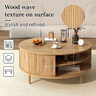 Minimalist Round Lift-Top Coffee Table with Hidden Storage and Sliding Door