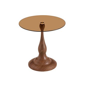 Small Metal Side Table with Glass Top, Walnut Grain Finish, 19.6" Diameter, Sturdy Base