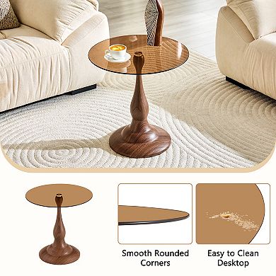 Small Metal Side Table with Glass Top, Walnut Grain Finish, 19.6" Diameter, Sturdy Base