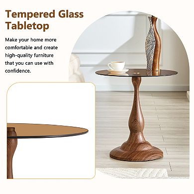 Small Metal Side Table with Glass Top, Walnut Grain Finish, 19.6" Diameter, Sturdy Base