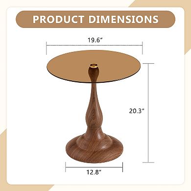Small Metal Side Table with Glass Top, Walnut Grain Finish, 19.6" Diameter, Sturdy Base