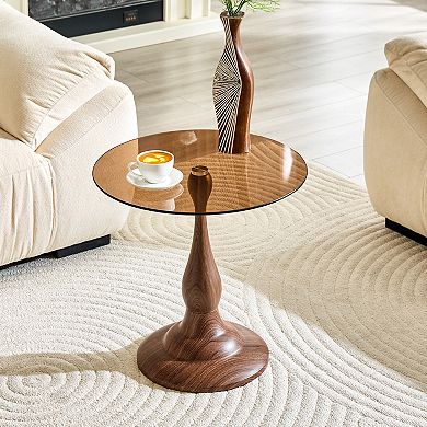 Small Metal Side Table with Glass Top, Walnut Grain Finish, 19.6" Diameter, Sturdy Base