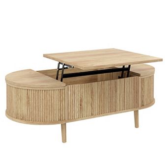 Minimalist Oval Lift-Top Coffee Table with Hidden Storage, Wood Wave Grain Finish