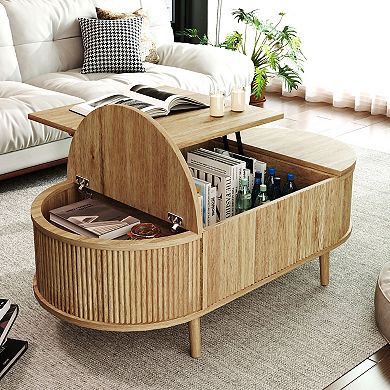 Minimalist Oval Lift-Top Coffee Table with Hidden Storage, Wood Wave Grain Finish