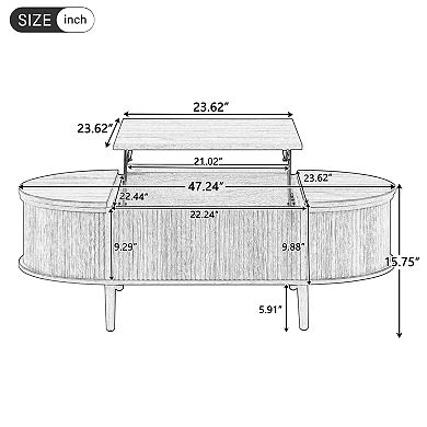 Minimalist Oval Lift-Top Coffee Table with Hidden Storage, Wood Wave Grain Finish