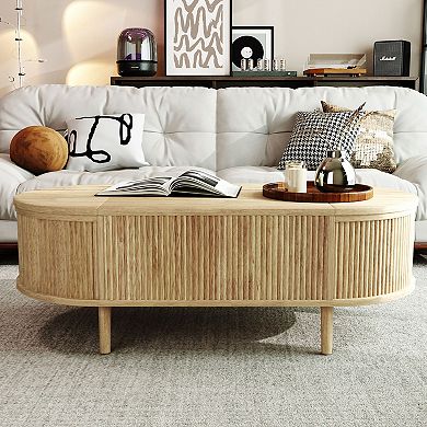 Minimalist Oval Lift-Top Coffee Table with Hidden Storage, Wood Wave Grain Finish