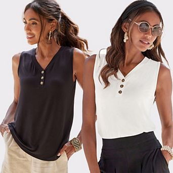 Lascana Women's 2 pk Sleeveless Button Detail Tops
