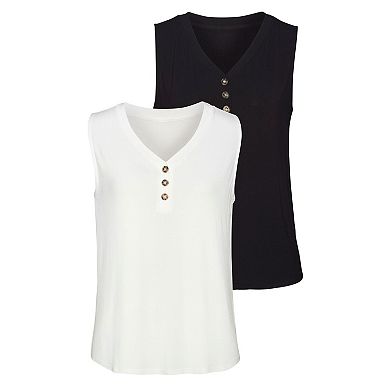 Lascana Women's 2 Pk Sleeveless Button Detail Tops