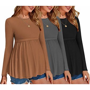 Ekouaer Maternity Shirts Three Pack Pleated Long Sleeve Tops Tunic Casual Pregnancy Clothes