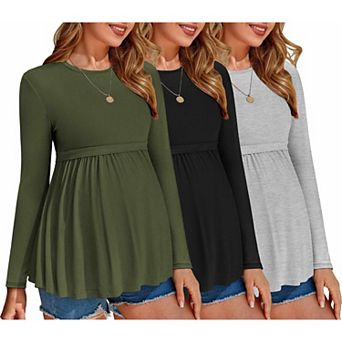 Ekouaer Maternity Shirts Three Pack Pleated Long Sleeve Tops Tunic Casual Pregnancy Clothes