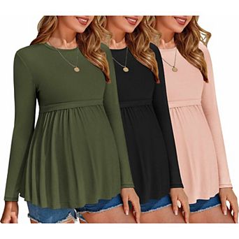 Ekouaer Maternity Shirts Three Pack Pleated Long Sleeve Tops Tunic Casual Pregnancy Clothes
