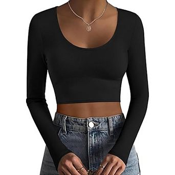 Ekouaer Long Sleeve Crop Tops Scoop Neck Lightweight Basic Base Layer Thermal Undershirts Shirts
