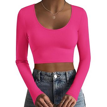 Ekouaer Long Sleeve Crop Tops Scoop Neck Lightweight Basic Base Layer Thermal Undershirts Shirts