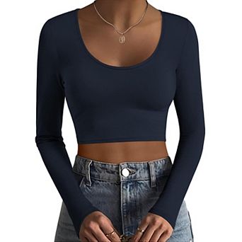 Ekouaer Long Sleeve Crop Tops Scoop Neck Lightweight Basic Base Layer Thermal Undershirts Shirts