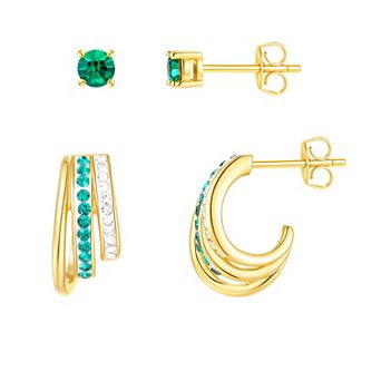 Chrystina 14k Gold Flash Plated 2-Pair Crystal Stud & Three Row J-Hoop Earring Set
