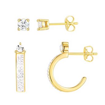 Chrystina 14k Gold Flash Plated 2-Pair Crystal Stud & Hoop Earring Set