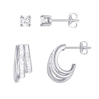 Chrystina Fine Silver Plated 2-Pair Crystal Stud & Three Row J-Hoop Earring Set