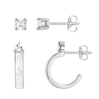 Chrystina Fine Silver Plated 2-Pair Crystal Stud & Hoop Earring Set