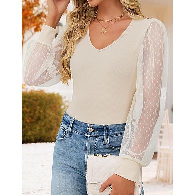 Women's V Neck Long Puff Sleeve Blouse Elegant Top