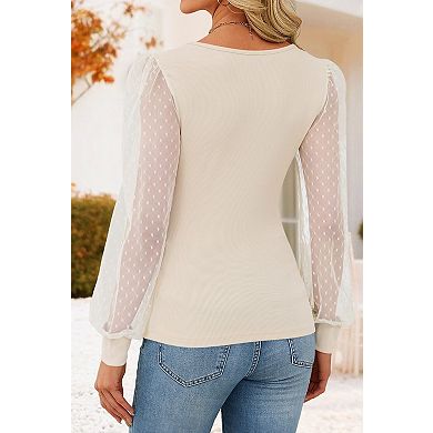 Women's V Neck Long Puff Sleeve Blouse Elegant Top