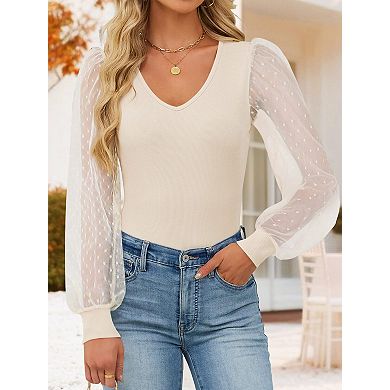 Women's V Neck Long Puff Sleeve Blouse Elegant Top