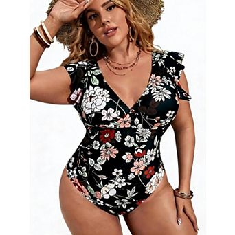 Women Plus Size One Piece Bathing Suit V Neck Ruffle Sleeve Swimwear