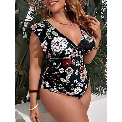 Women Plus Size One Piece Bathing Suit V Neck Ruffle Sleeve Swimwear