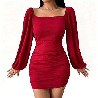 Women's Square Neck Ruched Bodycon Mini Dress Long Lantern Sleeve Dresses