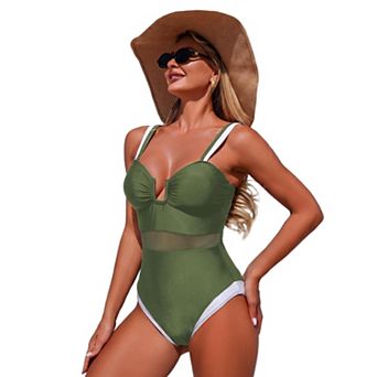 Women’s Mesh Panel One-Piece Swimsuit Color Block U-Cup Bathing Suit