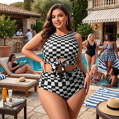 Plus Size Two Piece Tankini Swimsuit Racerback Tie-Front Top High Waist Bottom