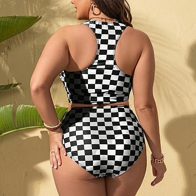 Plus Size Two Piece Tankini Swimsuit Racerback Tie-Front Top High Waist Bottom