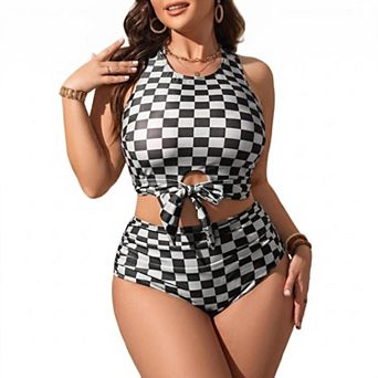 Plus Size Two Piece Tankini Swimsuit Racerback Tie-Front Top High Waist Bottom
