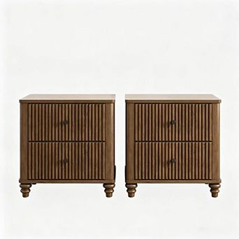 Mid Century Modern Fluted Nightstand 2 pc Set, 21.65" Wide, Walnut
