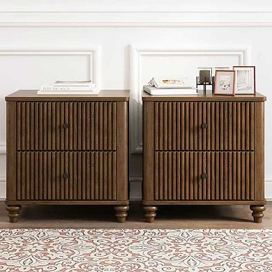 Mid Century Modern Fluted Nightstand 2-Piece Set, 21.65" Wide, Walnut