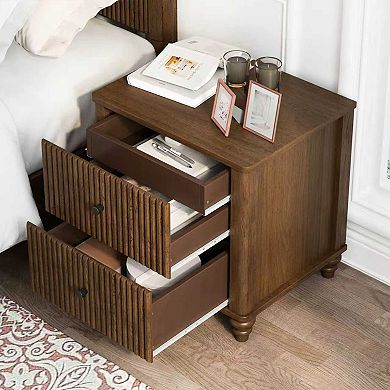 Mid Century Modern Fluted Nightstand 2-Piece Set, 21.65" Wide, Walnut