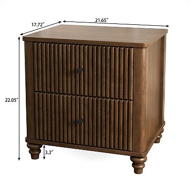 Mid Century Modern Fluted Nightstand 2-Piece Set, 21.65" Wide, Walnut