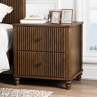 Mid Century Modern Fluted Nightstand 2-Piece Set, 21.65" Wide, Walnut