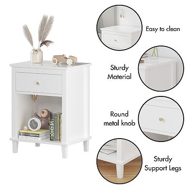26.77''H White Wooden Nightstand with One Drawer and Shelf, Golden Handle, MDF Construction