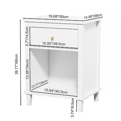 26.77''H White Wooden Nightstand with One Drawer and Shelf, Golden Handle, MDF Construction