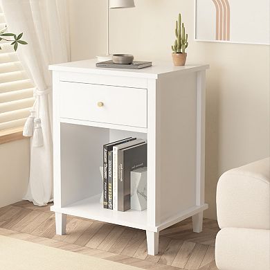 26.77''H White Wooden Nightstand with One Drawer and Shelf, Golden Handle, MDF Construction