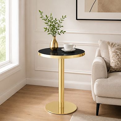 Modern Light Luxury Round Coffee Table, 23.6" Black Marble Texture MDF UV Top and Gold Metal Leg