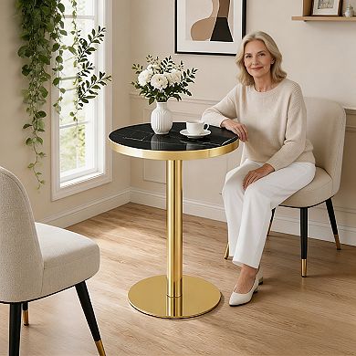 Modern Light Luxury Round Coffee Table, 23.6" Black Marble Texture MDF UV Top and Gold Metal Leg