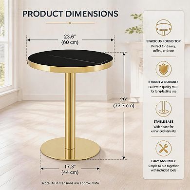 Modern Light Luxury Round Coffee Table, 23.6" Black Marble Texture MDF UV Top and Gold Metal Leg