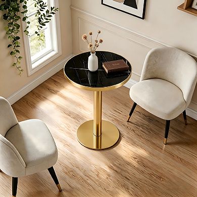 Modern Light Luxury Round Coffee Table, 23.6" Black Marble Texture MDF UV Top and Gold Metal Leg