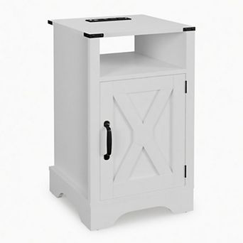 White Farmhouse Nightstand with Charging Station and Storage, 16 Inch