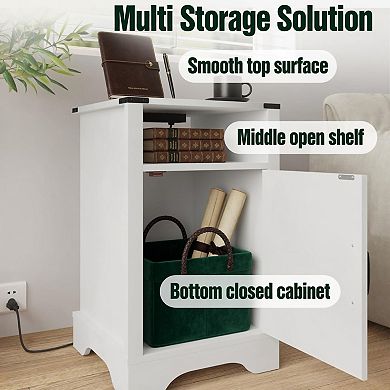 White Farmhouse Nightstand with Charging Station and Storage, 16 Inch