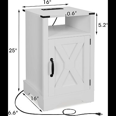 White Farmhouse Nightstand with Charging Station and Storage, 16 Inch