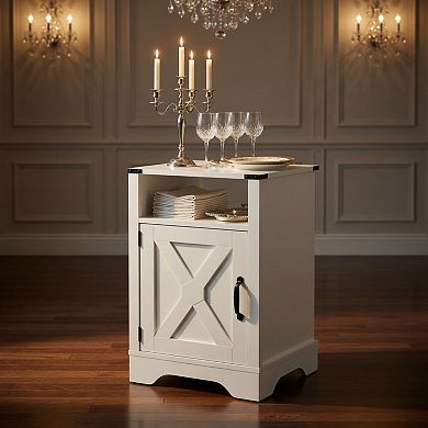 White Farmhouse Nightstand with Charging Station and Storage, 16 Inch