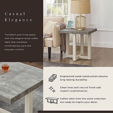 Luno Contemporary End Table, Faux Concrete and White Finish